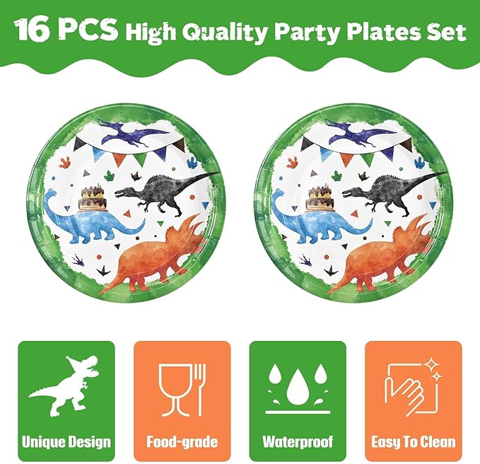 WERNNSAI Dinosaur Birthday Decorations - 33 PCS Dino Plates Napkins Tablecloth Watercolor Dinosaur Party Decorations Dino Party Favors for Birthday Supplies Serves 16 Guests