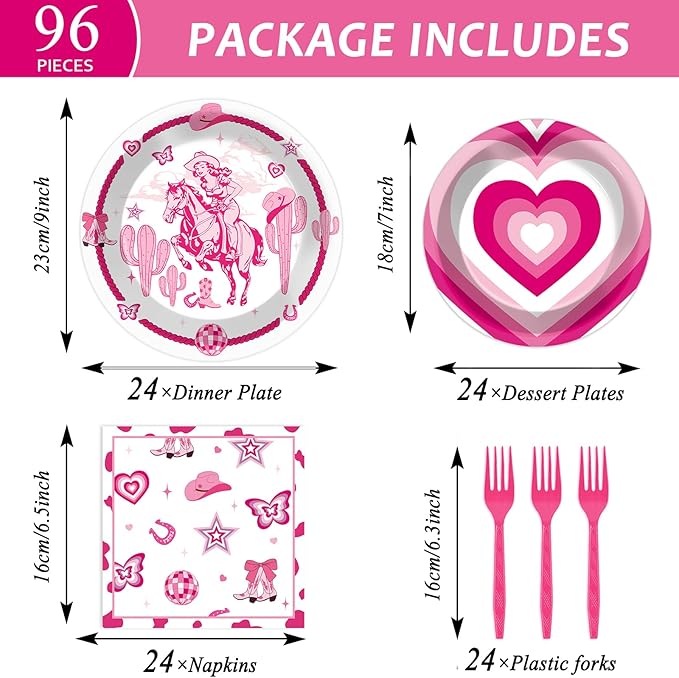 96Pcs Cowgirl Birthday Party Supplies Pink Club Paper Plates and Napkins Pink Western Cowgirl Pony Disco Disposable Tableware Set for Bachelorette Party Baby Shower Serve 24