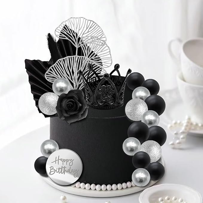 Knana 25Pcs Silver Black Balls Cake Topper Birthday Cake Topper Palm Leaves Cake Decorations for Silver Black Theme Baby Shower Birthday Party Supplies