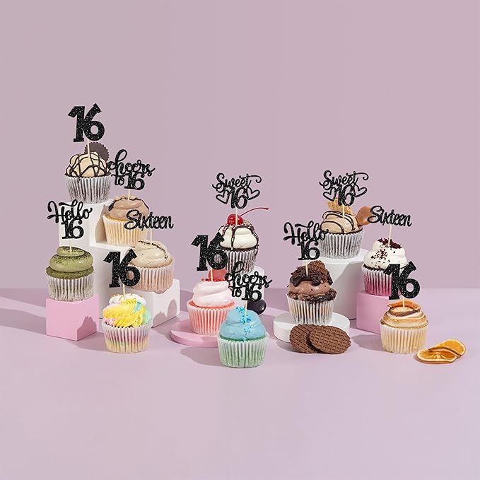 30Pcs 16th Birthday Cupcake Toppers Sixteen Happy 16th Cupcake Picks Sweet 16 Cake Decorations for Birthday Anniversary Party Supplies Black Glitter