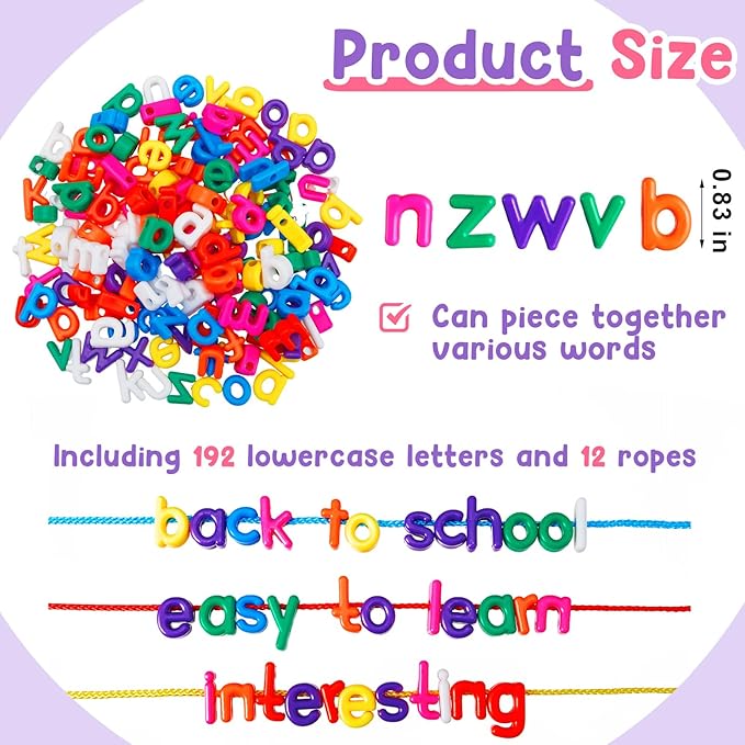 Wesiti Lacing Letters Beads Alphabet Learning Toys Toddler ABC Alphabet Beads Lacing Sports Skills Toys for Preschool Games Homeschool Supplies Early Spelling(Lowercase Letters,408 Pcs)