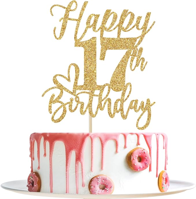 Happy 17th Birthday Cake Topper, 17th Birthday Decorations, Cheers to 17 Years, Hello 17, 17th Happy Birthday Party Supplies Gold Glitter