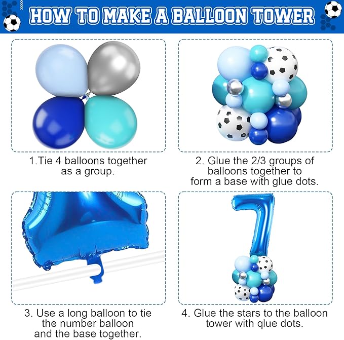 Soccer 7th Birthday Decorations for Boys, Royal Blue Teal Light Blue Balloon Garland Arch Kit with 40 Inch Blue Number 7 Balloon Tower, Soccer 7th Birthday Balloons for Kids Football Theme Party