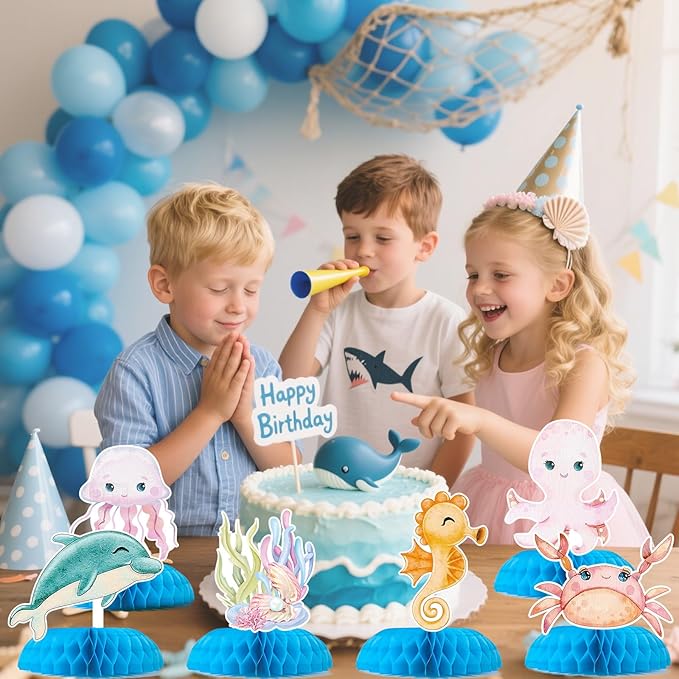 9 Pcs Ocean Animal Table Honeycomb Centerpieces, Ocean Theme Happy Birthday Party Decorations for Boys Girls Baby Shower, Standing Card Party Decor Party Supplies