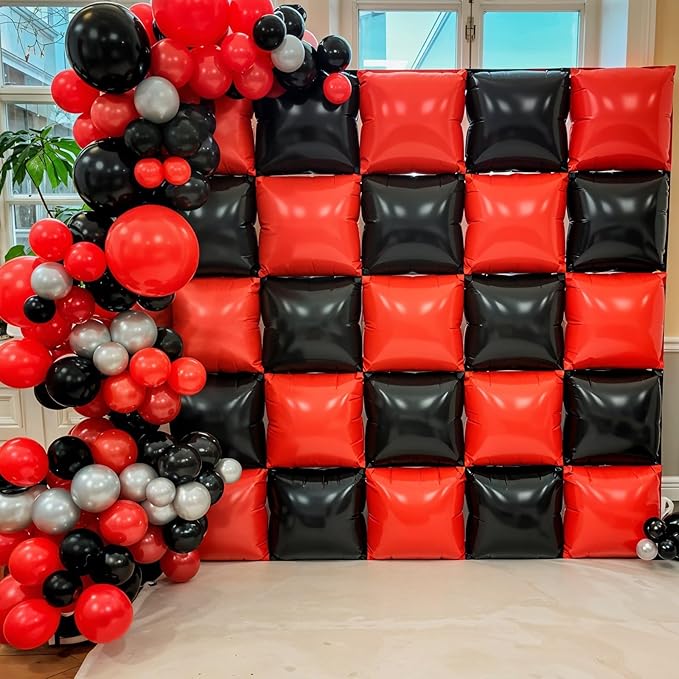Black Red Square Foil Balloon Wall,25Pcs Double Sided Foil Balloons Backdrop Helium Tunnel Arch Garland Kit for Birthday New Year Eve Graduations Bridal Anniversary Party Decorations