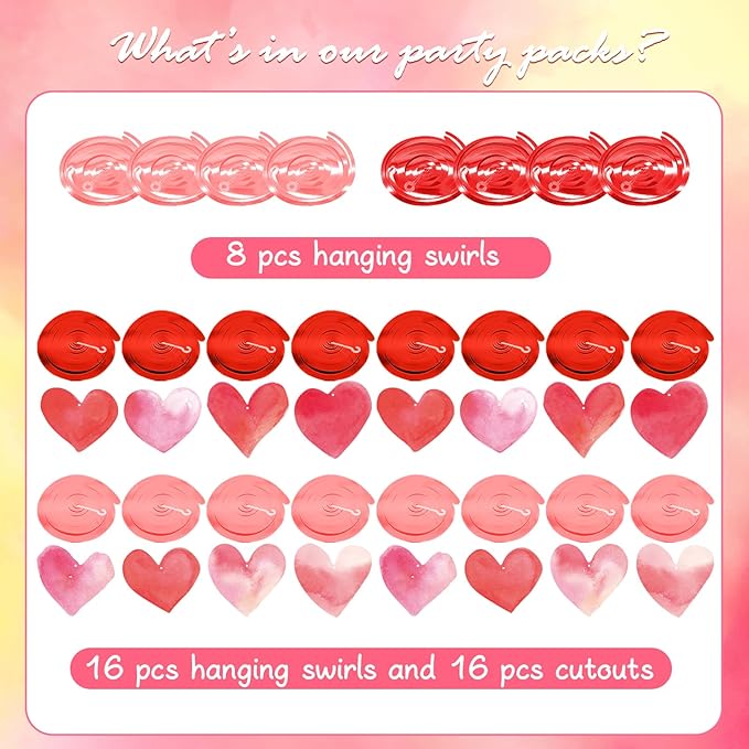 Red Pink Heart Hanging Swirl Decorations, Foil Ceiling Hanging Whirls for Valentines Day Decorations Galentines Birthday Engagement Wedding Party Supplies 24 Pcs