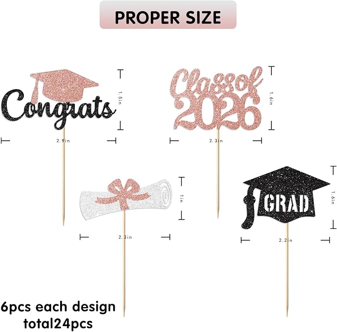Black and Rose Gold Graduation Cupcake Toppers Decorations Class of 2026 Cupcake Topper Graduation Cup Cake Picks Congrats Grad Party Decor Supplies Set of 24