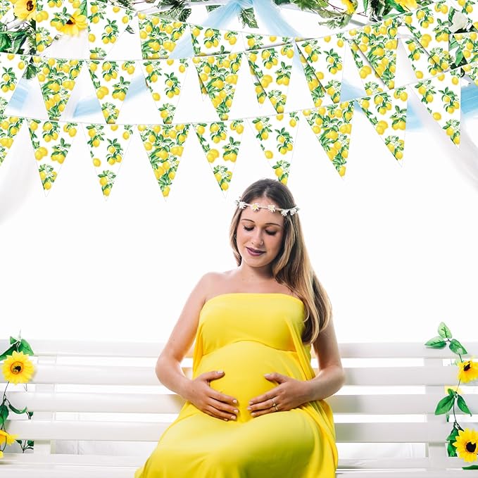 HESTYA 5 Pcs 49 Ft Lemon Party Decorations Yellow Floral Lemon Banner Pre-Assembled Summer Lemonade Triangle Flag Bunting Garland for Wedding Bridal Shower Birthday Baby Shower Party Supplies