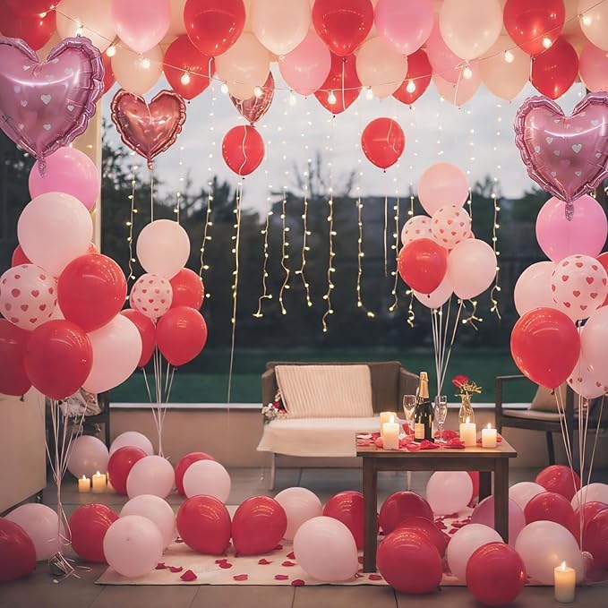 Red and Pink Balloons, Light Pink Red White Heart Print Balloons with Heart Foil Balloon for Engagement Anniversary Wedding Party Supplies Valentines Day Decorations