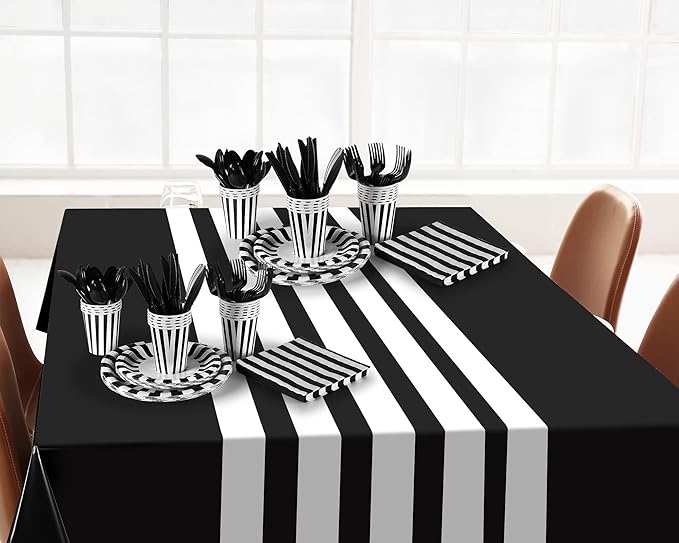 154 Pcs Black and White Party Supplies Black and White Disposable Dinnerware Set Tablecloth Stripe Table Cover Plates Cups Napkins, Knives Forks Spoons Birthday Wedding Decoration
