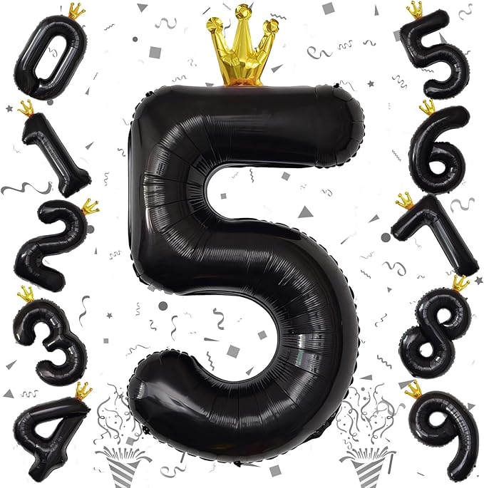 40 Inch Black 5 Number Balloons for Kids, Giant Foil 5th Birthday Number Balloon, Crown Self Inflating Balloons 0-9 Set for Girls Boys 15th Birthday Party Decor Anniversary Decorations Boys Supplies