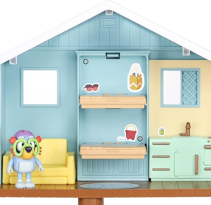 Bluey Beach Cabin Playset, 10”, Customizable Toddler House Playset with 10 Play Pieces and 2.5” Goggles Figure, Toy Houses for Kids Ages 3+