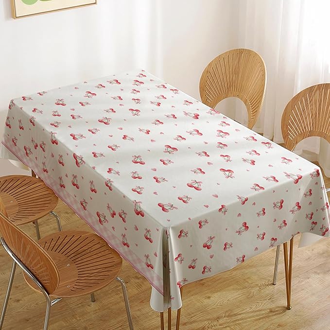 Pink Cherry Tablecloth for Kids, 54×108 Inch Cute Plastic Table Cover with Sweet Cherry Pattern, Disposable Table Decoration for Girls Birthday Party or Picnic, Rectangle Waterproof Tables Cloth