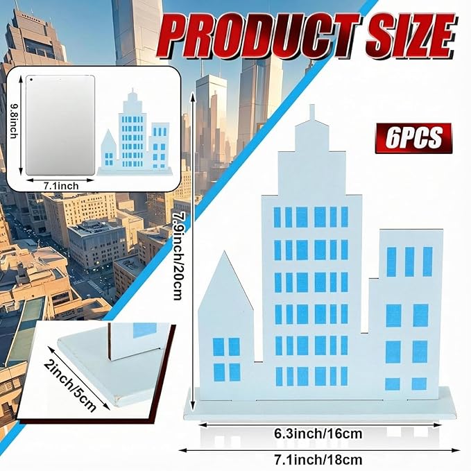 Geelin 6 Pcs Skyscraper Party Decorations Hero Party Decorations New York City Wood NYC Centerpieces City Skyline Building Decor for Comic Birthday Favors Supplies(Solid Style,Blue)