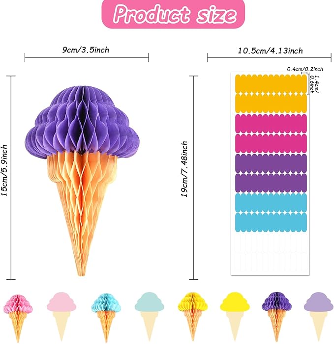 8PCS Ice Cream Honeycomb Balls Decorations Centerpieces for Tables Ice Cream Hanging Ceiling Sign Tissue Paper Ice Cream Party Supplies for Summer Theme Birthday Baby Shower Bridal Shower Party Favor