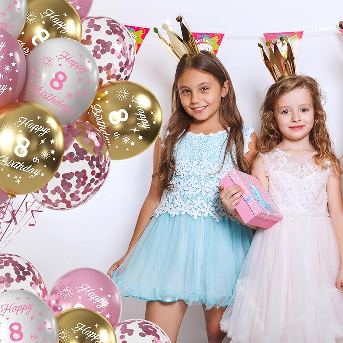 Pink 7th Birthday Balloons - 16pcs Pink & Gold, Happy 7th Birthday Confetti Balloons for Princess Theme Party Decorations
