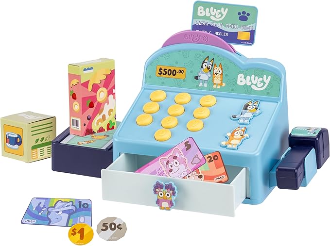 Bluey Cash Register Playset, Interactive Play Register with Detachable Scanner, Toy Credit Card, and Dollar Bucks, Shopping Toys for Kids Ages 3+
