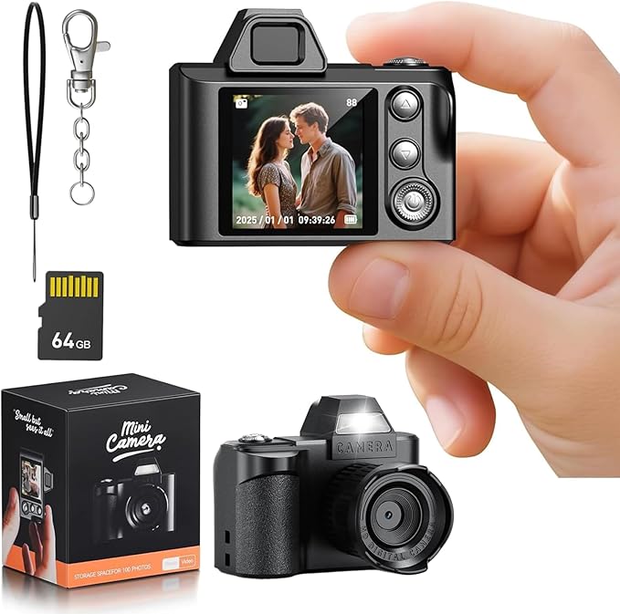 Mini Keychain Camera, 64MP Digital Camera with 64GB SD Card, with Soft Silicone Protective Case, Portable Small Camera, for Teenagers, Adult Beginners, Small Photography Gift Travel Study Recording