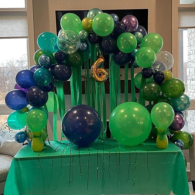 Blue and Green Balloons, 12 Inch Dinosaur Balloons, Navy Blue Dark Fruit Green White Teal Latex Balloon Set with Confetti Balloon for Boys Dinosaur Birthday Football Video Game Jungle Dino Theme Party