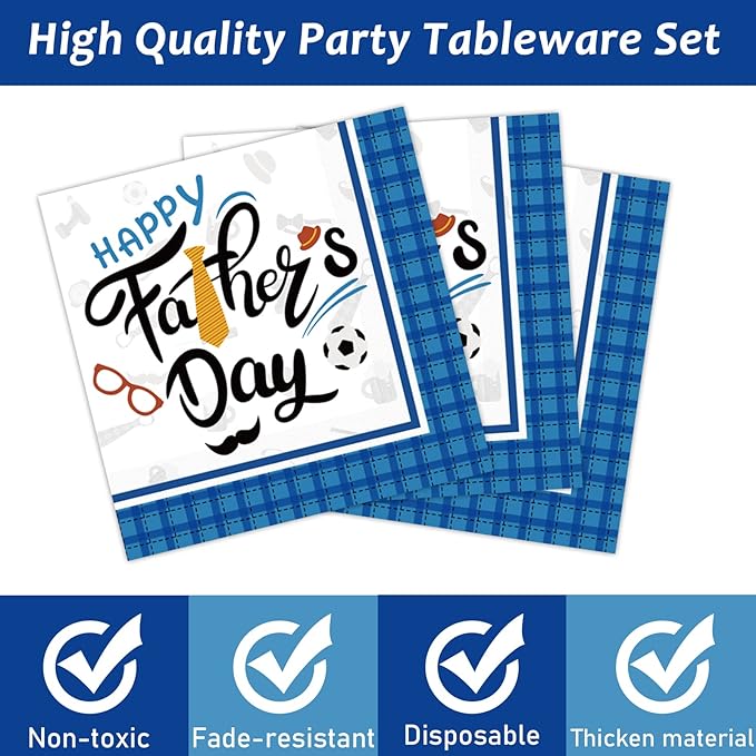 Wiooffen 96 Pieces Happy Father's Day Party Decorations Fathers Day Plates And Napkins Tableware Set Blue Fathers Day Celebration Supplies Best Dad Party Decorations Serve 24 Guests