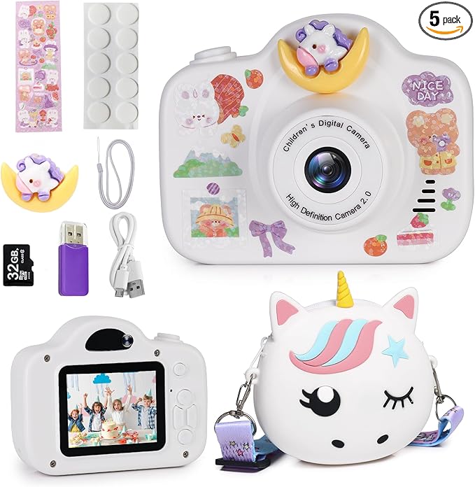 Kids Camera, Christmas Birthday Gifts for Children Age 3-8, HD Digital Video Cameras for Children, Portable Toy for 3 4 5 6 7 8 Year Old Kid with 32GB SD Card and Cute Children's Camera Bag (White)