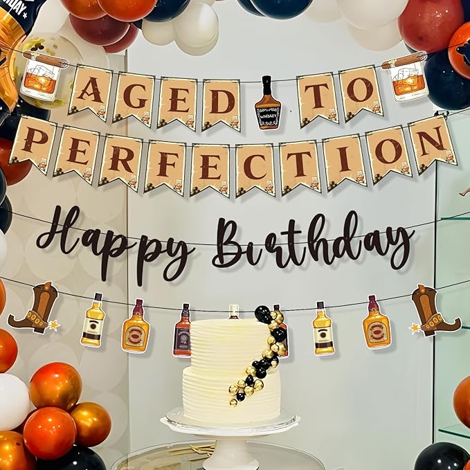 Aged to Perfection Birthday Decorations - Birthday Decorations for Men Whiskey Banners Beer Party Supplies Over the Hill 40th 50th 60th Bday Party Decor