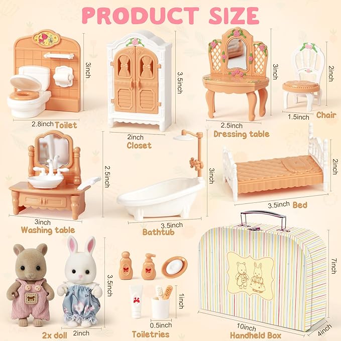 Suitcase Dollhouse Furniture Set for Kids, Mini Dollhouse Box with 2 Flexible Dolls and Bedroom&Bathroom Furnitures, Pretend Play Accessories Christmas Birthday Gift for Toddlers Ages 3+