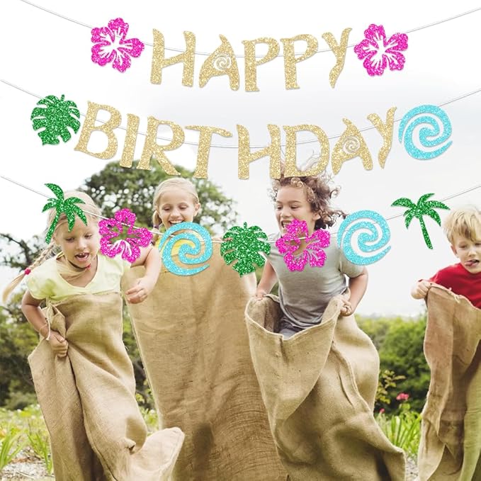 Hawaiian Moana Birthday Banner Party Decoration Glittery Gold for Happy Birthday Tropical Luau Summer Baby Shower Decor
