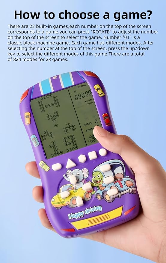 Sports Car Appearance Block Game Console Big Screen Built-in 23 Brick Games 824 Modes Adjustable Speed/Difficulty 70s/80s/90s Handheld Game Decice Kids/Teens/Birthdays (Purple)