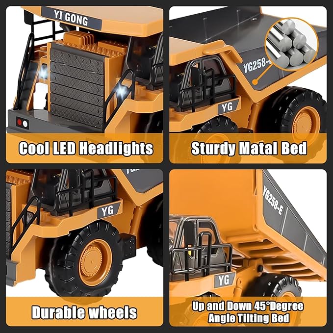 Remote Control Excavator (11-Channel), Dump Truck, Bulldozer, Loader (9-Channel), 2.4GHz Remote Control Construction Vehicles, Metal Construction, with Cool Lights and Sound Effects, 4-Pack