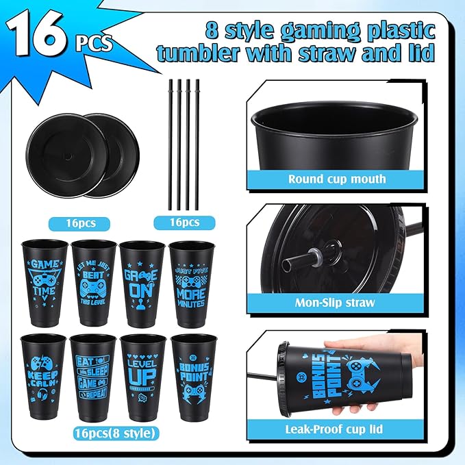 16 Pcs Video Game Plastic Cups Gaming Party Favor with Lids and Straws 24 oz Gamer Reusable Tumbler Water Mug for Fun Video Birthday Party Supplies for Adults (Black Blue)