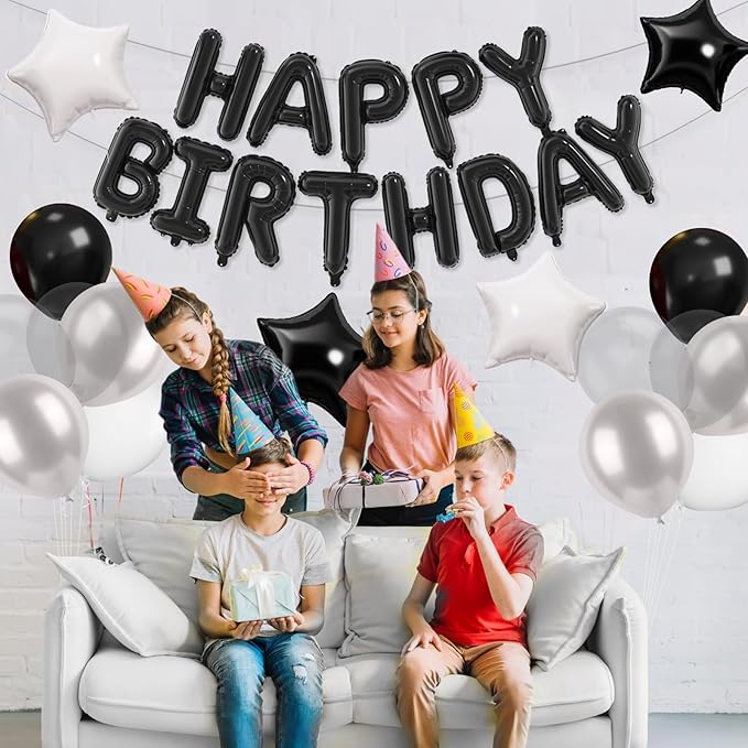 29PC Black Happy Birthday Balloon Banner, 16 Inch 3D Aluminum Letter Banner Sign, Metallic Silver Black White Clear Helium Balloons 18 Inch Star Foil Balloons for Women, Men Party Supply