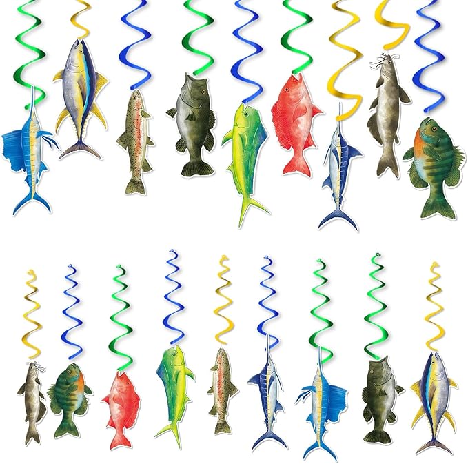 Watercolor Gone Fishing Hanging Swirls Party Supplies - 18PCS Tropical Fishing Banner Ceiling Streamers Decorations Under the Sea Hanging Streamers Decor for Baby Shower Boys Birthday Party