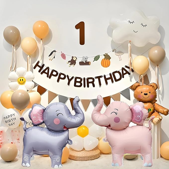 Elephant Foil Balloons,2Pcs 25" 3D Giant Big Jungle Safari Animal Birthday Party Decorations,Safari Cartoon Balloon For Kids,Wild Zoo Theme Gender Reveal Supplies Gray