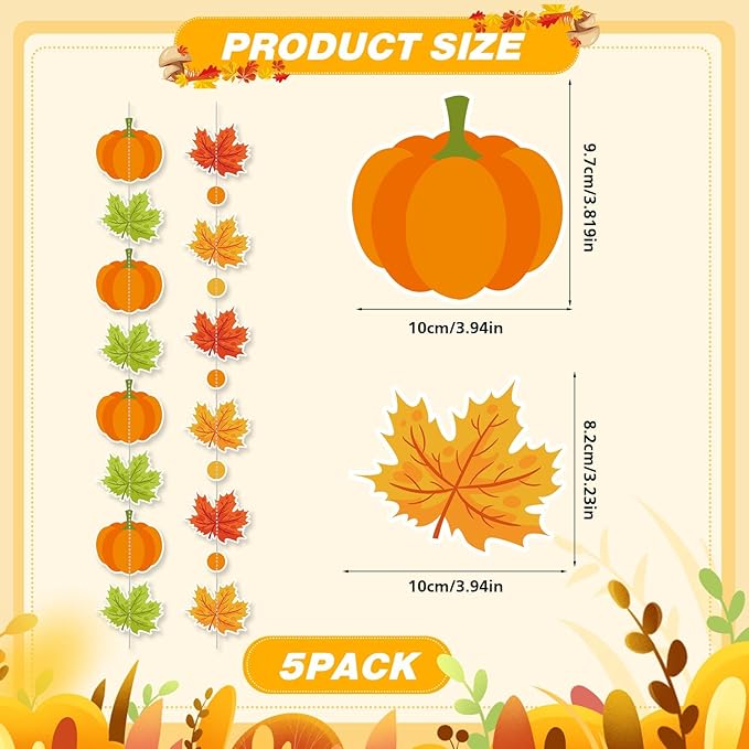 MARFOREVER 41 Ft Thanksgiving Maple Leaf Pumpkin Paper Garland, Fall Party Hanging Decorations Autumn Hanging Swirl Streamers for Fall Harvest Thanksgiving Baby Shower Home Ceiling Decorations
