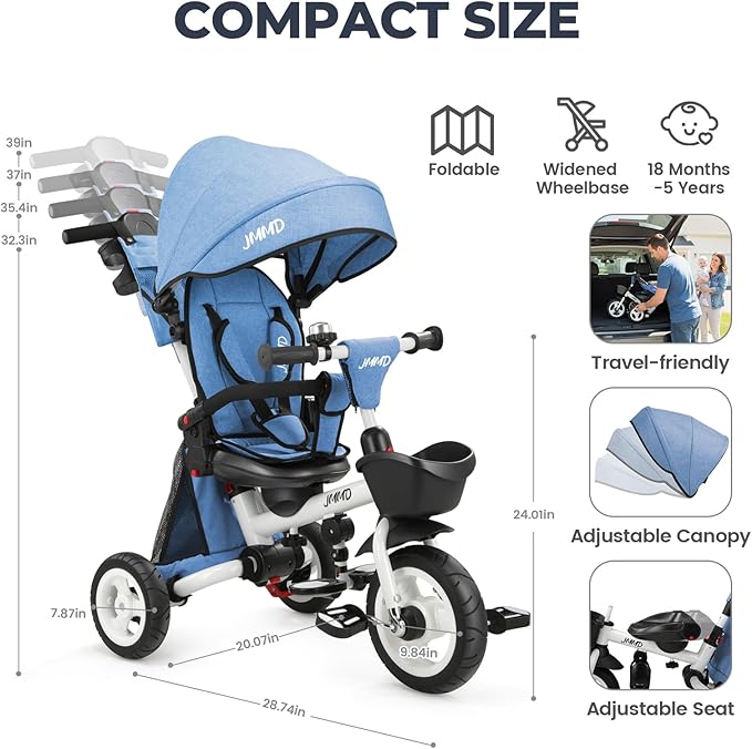 JMMD 8 in 1 Tricycle Stroller with Push Handle, Foldable Trike with 360° Swivel Seat, Reclining Backrest, All-Terrain Wheels, Dual Brakes, Canopy & Storage, Gift for Kids 18 Months to 5 Years, Blue