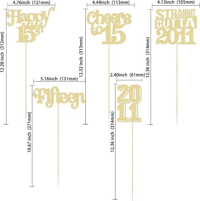 Gyufise 15Pcs Happy 15th Birthday Centerpiece Sticks Fifteen Straight Outta 2011 Table Flower Centerpieces Sticks for Cheers to 15th Birthday Party Supplies Gold