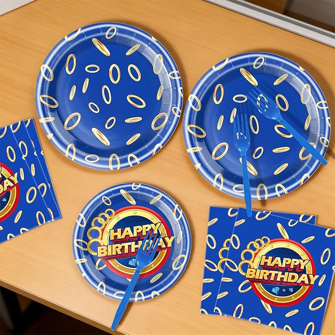 Blue Gold Ring Birthday Plates & Napkins Party Supplies, Blue-gold ring pattern Disposable Happy Birthday Party Tableware Set