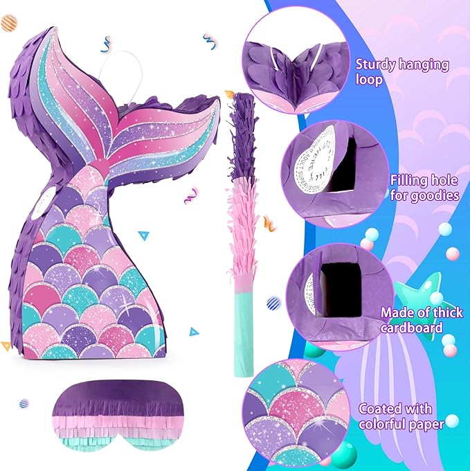 Mermaid Tail Pinata Glitter with Stick Blindfold Mermaid Birthday Party Decoration Mermaid Pinata Game for Girls Kids Carnival Under the Sea Ocean Theme Party Supplies (15.3"x10")