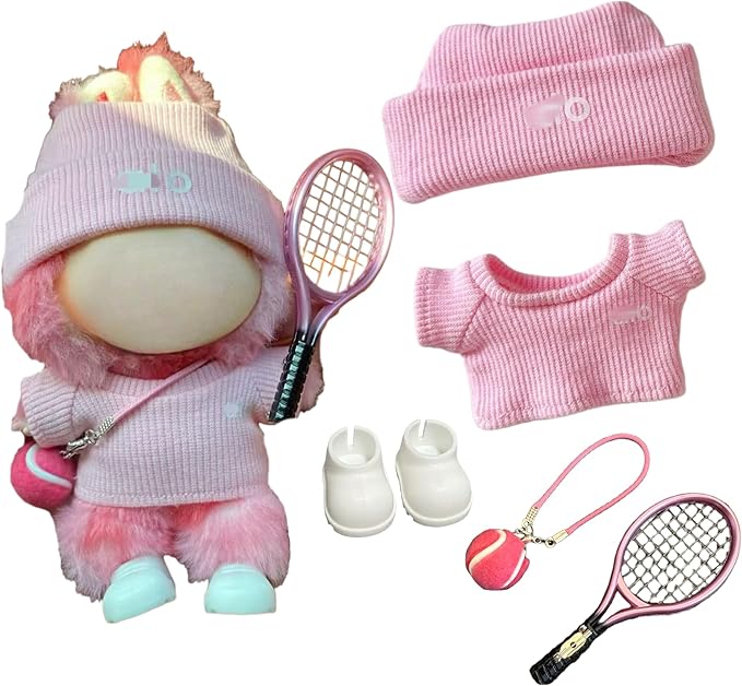 17cm Doll Clothes for Lububu Dolls，Designer Jerseys Clothes Suitable for lububu Dolls Outfits and Accessories Set， Includes top + Pants + Tennis Racket + Ball Charm + Shoes (Pink)