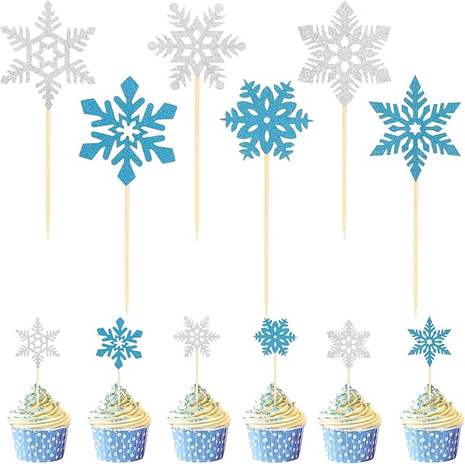Snowflake Cupcake Toppers, 24PCS Glitter Winter Frozen Cupcake Picks Cake Decorations, Blue and Silver Snowflake Food Picks Topper for Christmas Winter Wonderland Baby Shower Party Decoration Supplies