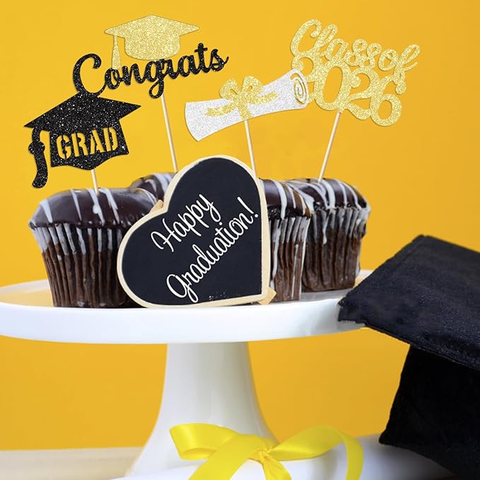 Black and Gold Graduation Cupcake Toppers Decorations Class of 2026 Cupcake Topper Graduation Cup Cake Picks Congrats Grad Party Decor Supplies Set of 24