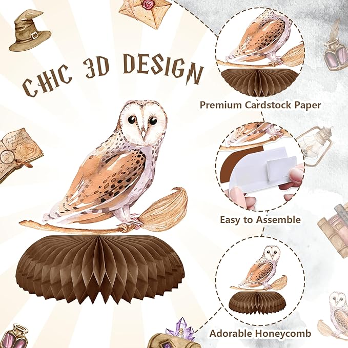 Magical Wizard Birthday Decorations 8Pcs Magic School Witch Wizard Honeycomb Centerpieces Vintage Castle Owl Table Topper Decor for Magical Baby Shower Party Supplies