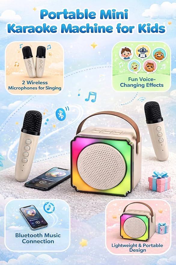 Portable Mini Karaoke Machine for Kids with 2 Wireless Microphones, Bluetooth Speaker, Fun Voice Effects, Lightweight Karaoke Toy for Girls & Boys (Pink)