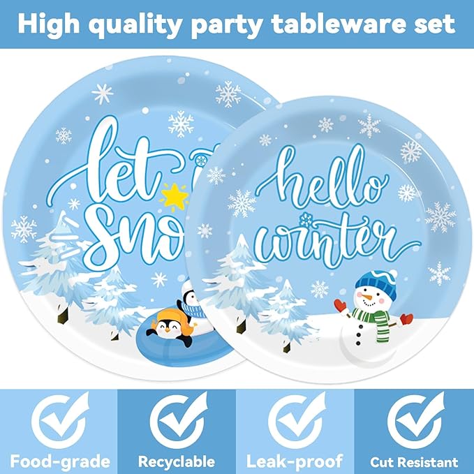 96PCS Hello Winter Party Supplies Winter Snowflake Party Tableware Set Christmas Disposable Dinnerware Plates Napkins Forks with Snowman Penguin for Winter Christmas Birthday Party Favors