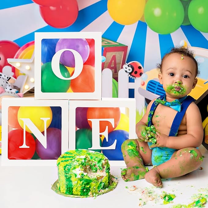First Birthday Decorations for Boy Girls, ONE Balloon Boxes with Rainbow Balloons, ONE Blocks for Cartoon Watermelon Street Rainbow Theme Baby 1st Birthday Backdrop, Cake Smash Photo Props