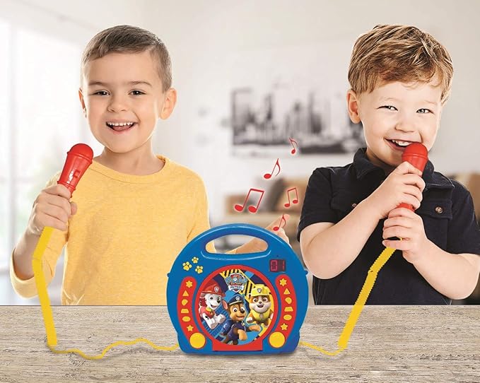 Lexibook Paw Patrol Chase Marshall, Karaoke CD Player with 2 Microphones, Programming Function, Headphones Jack, for Kids, with Power Supply or Batteries, Blue/Red, RCDK100PA
