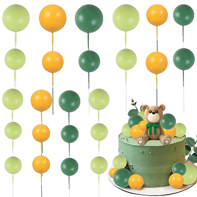 Gyufise 30Pcs Ball Cupcake Toppers Balls Cake Toppes Foam Balls Cupcake Picks DIY Mini Balloon Cake Inset Topper for Baby Shower Birthday Party Decorations Supplies Blackish Green Grass Green Yellow