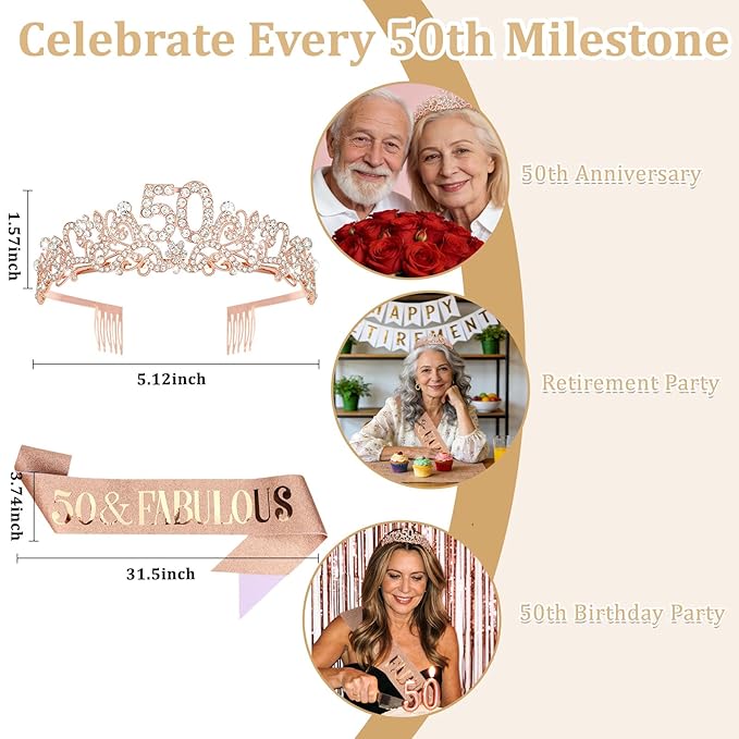 Semato 50th Birthday Decorations for Women Sash and Crown Tiara Kit Rose Gold 50th Birthday Gifts Her Party Supplies