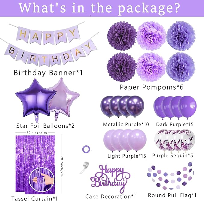 Purple Birthday Decorations, Purple Party Balloons with Happy Birthday Banner Fringe Curtain Paper Pompoms, Circle Garland Decor for Women Men Boys Girls Princess